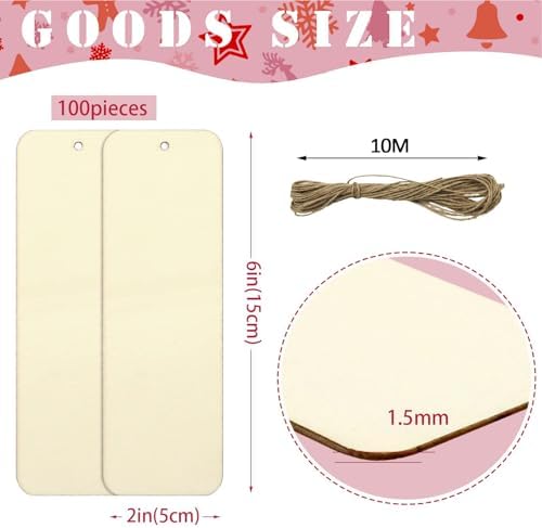 100 Sets 6 x 2 Inch Wooden Bookmarks with Holes and 10M Ropes
