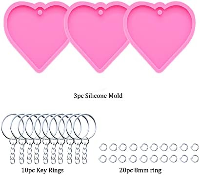 3pc Shiny Heart Resin Silicone Keychain Mould Crafts Epoxy Resin Art DIY Charms Mold with 10PC Key Ring(DY0136+DY0136+DY0136)