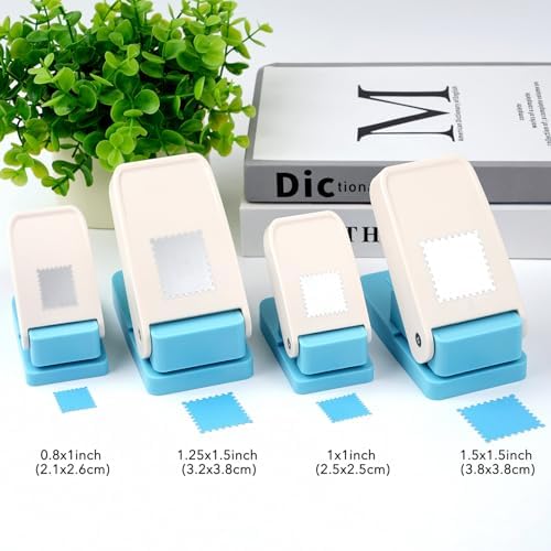 4 Size Stamp Puncher, 1 inch & 1.5 inch Square Stamp Punch, 1.5X1.25inch & 1x0.8 inch Rectangular Postage Stamps Puncher, Stamps Shaped Paper Punch, Craft Punches for Crafting DIY Scrapbooking