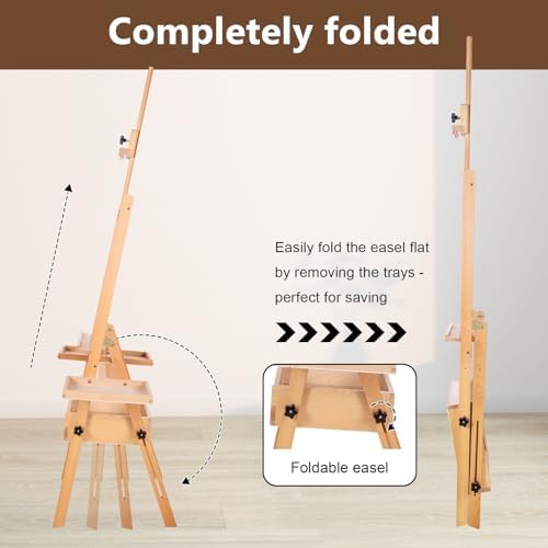 Wooden H-Frame Studio Easel with Storage Drawer and Palettes,Natural | Solid Beechwood Painting Easel for Students, Beginners, and Artists, Hold Canvas to 36Inches High