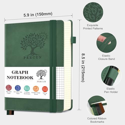 Graph Paper Notebook 5.9"×8.5", 160 Pages Grid Notebook, A5 Graphing Paper | Hardcover Leather Journal for Women & Men,100 Gsm, Grid Spacing 5mm x 5mm, Medium Size, Grid notebook for Work, School, Math