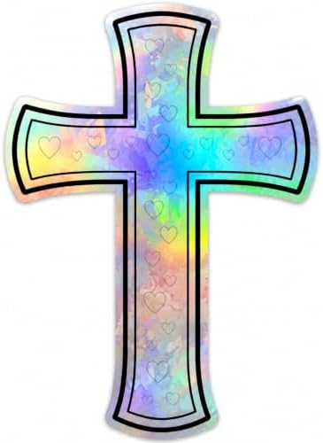 Christian Holographic or Reflective Cross Car Decal, Jesus Cross Vinyl Sticker with Subtle Dove or Heart Pattern, Weather Resistant Bumper Window Decal for Car Truck Motorcycle Laptop (Prism Heart)