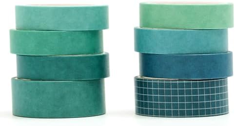 YUBBAEX 8 Rolls Basic Washi Tape Set Solid Color Grid Masking Decorative Tapes for Arts, DIY Crafts, Journals, Planners, Scrapbooking, Wrapping (Ocean)