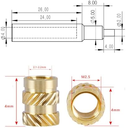 Threaded Inserts with M2-M8 Heat Set Insert Tools,Brass Metric Knurled Nuts for 3D Printing Components and Plastic Parts (M2.5x4x4-100Pcs)