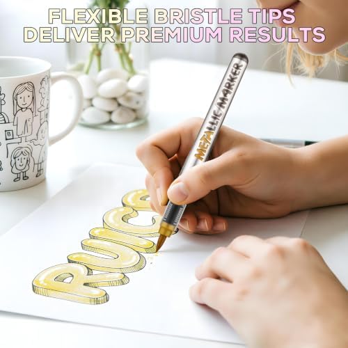 Metallic Acrylic Paint Markers, 12 Pcs Soft Brush Tip Marker Pens for Stone,Paper,Wood,Glass,Fabric Paint,DIY Crafts (12, 12 Color)