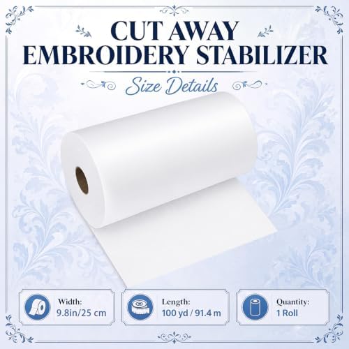 Peryiter 1 Roll 10" x 100 yd Cut Away Embroidery Stabilizer 25μm Backing Stabilizer for Embroidery Lightweight Sewing Stabilizers for Hand Sewing Machine