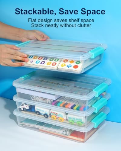 EOENVIVS 4 Pack Clear Storage Bins with Lids, A4 File Boxes, Green Latches