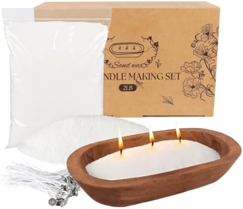 Wfmolcand 2 lb Natural Pearl Wax Sand DIY Set with Wooden Bowl & 20 Wicks, Unscented Aroma Beads, Reusable Pearled Candle Wax for DIY Home Kit, Powder Beads Refill Available