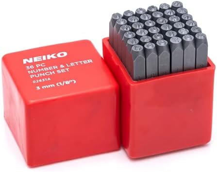 NEIKO 02631A Number and Letter Punch Set with Heat-Treated Steel Punches, Imprinting & Arts and Crafts, 1/8" (3 MM) Shaft, 36 Pc Stamp Set, Uppercase Letter & Number Punch Set (A-Z / 0-8 / "&")