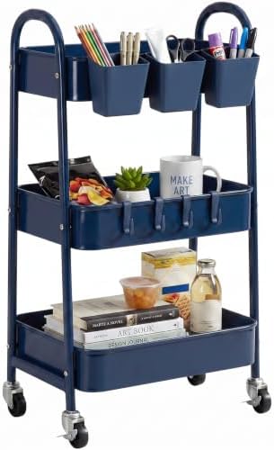 danpinera 3-Tier Rolling Cart, Utility Cart Mobile Metal Rolling Storage Cart with Lockable Wheels & Hanging Cups & Hooks for Kitchen, Bathroom, Office, Workshop, Dark Blue