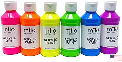 milo Fluorescent Acrylic Paint Set of 6 Colors | 4 oz Bottles | Student Neon Colors Acrylics Painting Pack | Made in the USA | Non-Toxic Art & Craft Paints for Artists, Kids, & Hobby Painters