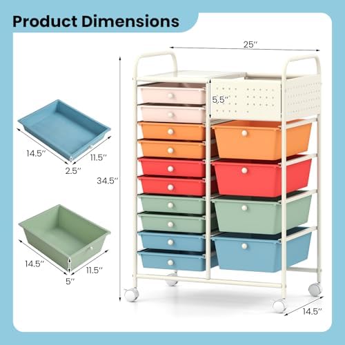 GOFLAME 14-Drawer Rolling Storage Cart with Pegboard, Craft Storage Cart with Lockable Wheels and Metal Frame, Art Cart Supply Storage Organizer for Home Office Classroom, Macaron Color