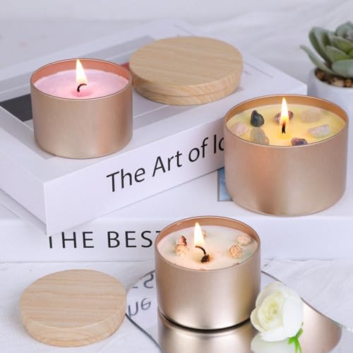 CONNOO 24 Pack - 12pcs 8oz & 12pcs 4oz Champagne Gold Candle Tins with Lids