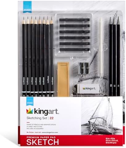 KINGART 22-Piece Professional Sketching Kit with 9x12 Drawing Pad – Includes 12 Graphite Pencils, 6 Soft Pastels, Blending Stump, Kneaded Eraser, and Sharpener – Versatile Artist Set for Shading