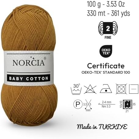 Baby Cotton, 55% Cotton 45% Acrylic Yarn, Fine/Sport (2) for Crochet and Knitting, Soft Amigurumi Yarn, 100 gr (361 yds)