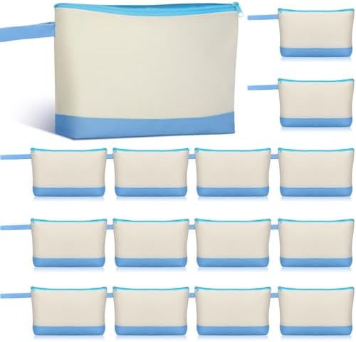 Silkfly 15 Pcs Cotton Canvas Makeup Bags Cosmetic Zipper Bags 10.2 x 5.5 x 2'' Blank DIY Pouch Bulk Pencil Case with Bottom Travel Toiletry Pouch for Women Craft Decor Gift (Beige and Light Blue)