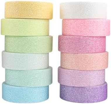 12 Rolls Glitter Washi Tape Set – 15mm Macaron Cute Colored Masking Tape, Sparkle Decorative Tape for DIY, Art, Scrapbook Tape, Decor & Crafts