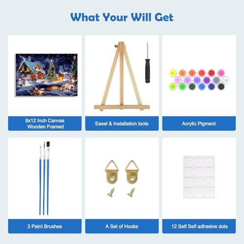 MOGTAA Christmas Paint by Numbers Kit for Adults Beginners with Frame, Winter Adult Paint by Number Kits on Canvas with Easel, Easy DIY Snowman Oil Painting Kits for Home Decor, 8x12in