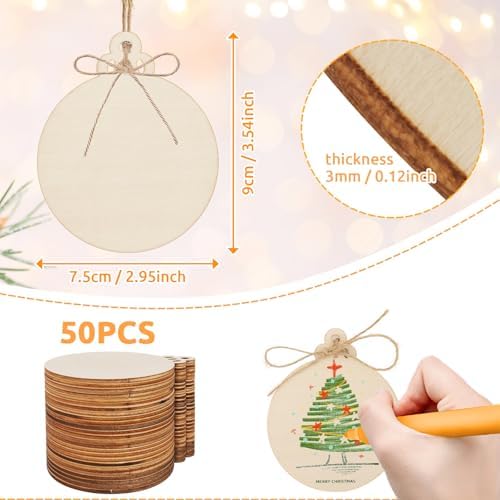 Philorn 50pcs Wooden Ornaments for Crafts 3.5" Unfinished DIY Wooden | Crafts 3.5" Unfinished DIY Wooden Christmas Ornaments Predrilled Wood Slices Circles for Crafts Paint Decorations