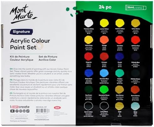 Mont Marte Acrylic Colour Paint Set Signature 24pc x 1.21 US fl.oz (36ml), Acrylic Paint Kit Ideal for Canvas, Wood, Air Dried Clay, Cardboard and More, Great Beginner Acrylic Paint Set, Includes 24 Colors