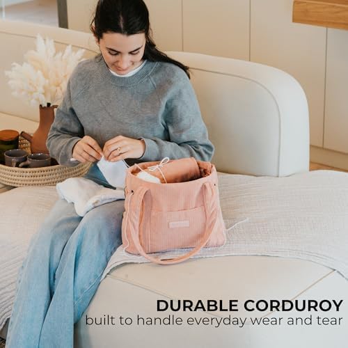 KIBAGA Stylish Yarn Bag for Crochet and Knitting Projects - Corduroy Crochet Organizer with 4 Interior Pockets and Yarn Holes - Perfect for Storing Hooks, Needles and Crafting Accessories