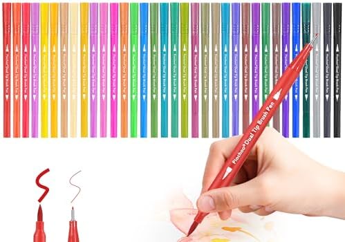 Piochoo Dual Brush Marker Pens,34 Colored Markers,Fine Point and Brush Tip for Adult Coloring Books Bullet Journals Planners,Note Taking Coloring Writing