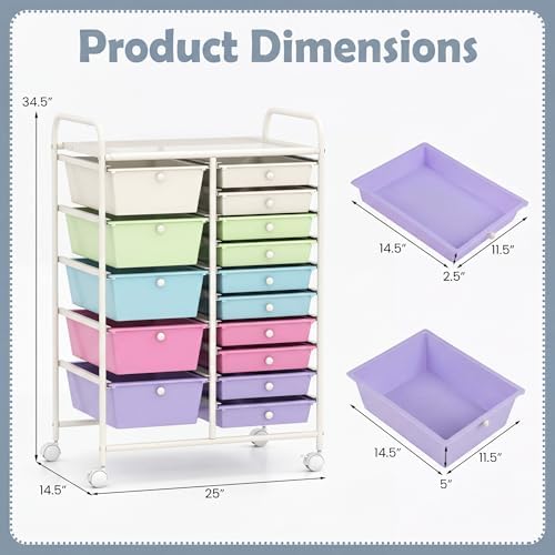 GOFLAME 15-Drawer Rolling Storage Cart, Craft Storage Cart with Removable Drawers & Lockable Wheels, Art Cart Supply Storage Organizer for Home Office Classroom, Ice Cream