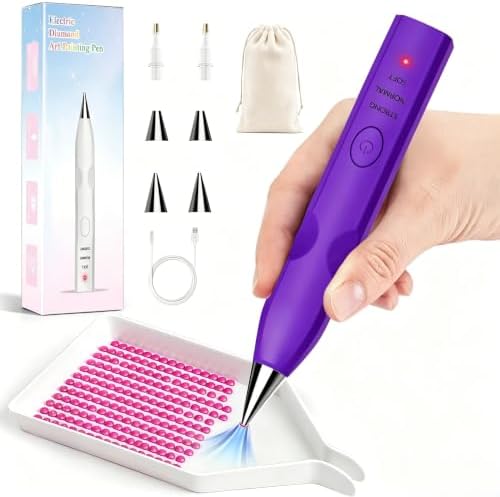 MKLAYB Electric Diamond Drawing Pen Kit, 3 Adjustable Suction Modes Rechargeable Vacuum Diamond Art Diamond Pen with 4 Replacement Heads, No Wax Required 5D Diamond Drawing Tool Accessories (Purple)