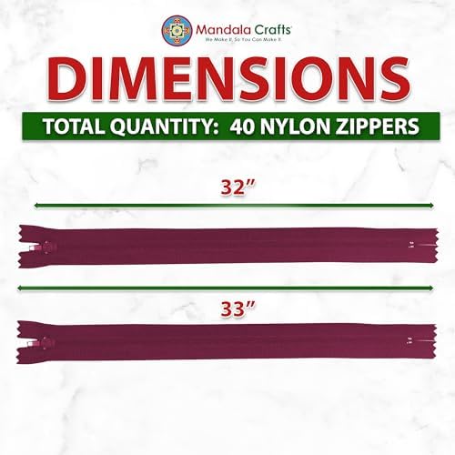 Mandala Crafts 40 PCs Maroon Closed-End 32 Inches Nylon Zippers for Sewing