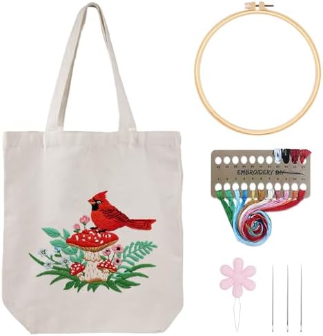 Louise Maelys Embroidery Kit, Cardinal Mushroom Canvas Tote Bag Craft Set