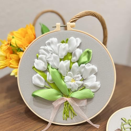 FONNUY Ribbon Embroidery 3D Flowers Pattern Design Kit Embroidery DIY Handwork Set Oval Home Decoration (White Tulip)