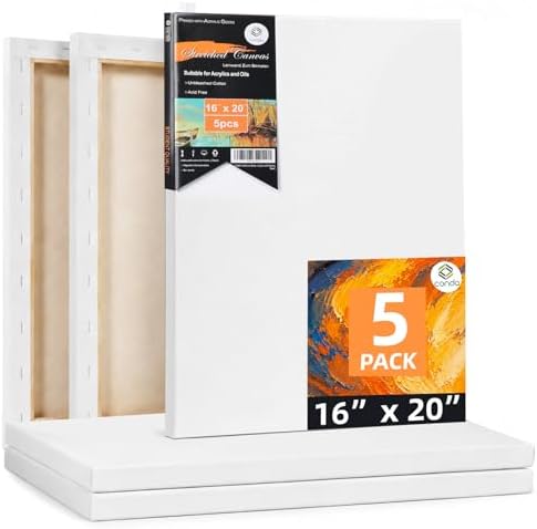 Conda Stretched Canvas for Painting 16x20 Inch, 5Pack Primed Large Canvas for Painting, Acid-Free Cotton 5/8 Blank Canvases, Value Bulk Pack for Acrylic Paint,Watercolor, Oil Paint