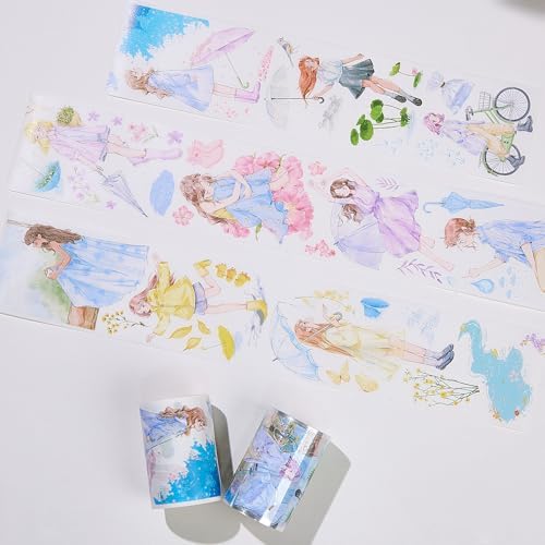 WT Pre-Cut Morning Dew Wide PET Tape, Single Roll, Original Rainy Day Illustration Designs, Transparent Decorative Tape for Journaling, Scrapbooking, Planner & DIY Crafts, 65mm×5m