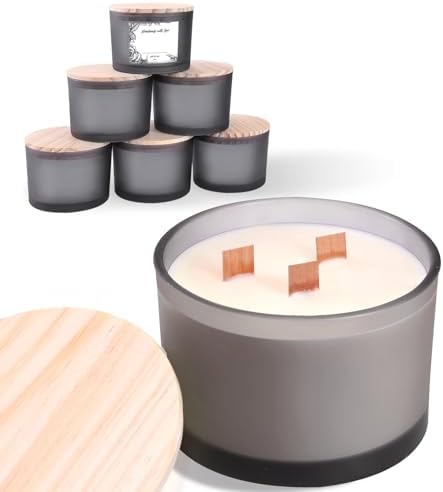 6 Pack Glass Candle Jars with Lids (16oz, Frosted Grey) - Large Candle Jars for 3 Wick Candles Making - Empty Candle Jars Containers - Candle Making Accessories Include 16Pcs Candle Labels