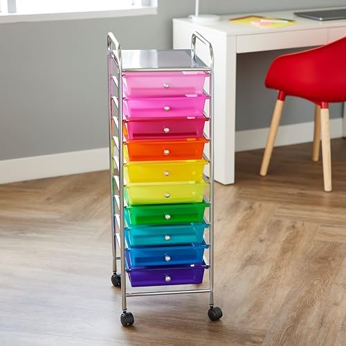 Simply Tidy 10 Drawer Rainbow Rolling Cart - Mobile Organizer with Removable Drawers, Swivel & Locking Casters, Durable Tubular Frame - 1 Set