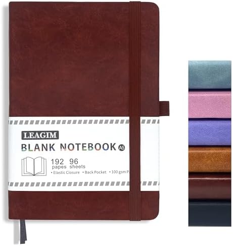 Blank Journal Notebook, A5, 192 Pages 100 GSM Thick Sketch Book for Women Men, Hardcover Leather Unlined Journaling for Work, Notebooks for Writing, 5.8 inches x 8.5 inches (Burgundy)
