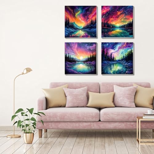 FQOVKYN 4 Pack Landscape Paint by Number for Adults Framed Canvas, DIY Aurora Arts and Crafts for Adults Beginner with Paint Brushes, Acrylic Paint Set for Home Wall Decor, 8 * 8 Inch