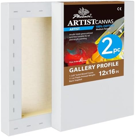 PHOENIX 12x16 Inch 2 Pack Gallery Canvas - 1.5 in Thick Canvases for Painting - Deep Edge 100% Cotton 11 Oz. Gesso Primed White Blank Professional Canvas Oil & Acrylic Paints