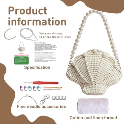 DIY Crochet Shell Purse Kit for Beginners – Handmade Yarn Bag Making Set with Two Pearl Chain Straps, 10mm Pearl Beads, Silver Hardware & Instructions – Easy Beginner Crochet Bag Craft Gift for Adults