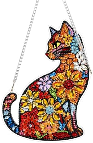 CRZMODE Cat Diamond Art Hanging Kit for Adults, Flower Cat Pendant Diamonds Painting Art Kit, Special Crystal Diamond Art Painting Pendant Ornament, Craft Gift for Women Home Window Decor