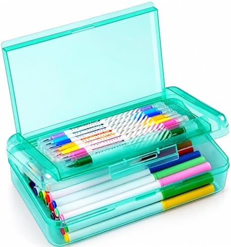 Sooez Double Layer Pencil Box, Large Hard Pencil Case Organizer, Clear Plastic Crayon Box for Girls and Boys, Colored Marker Organizer, Small Plastic Containers/Bins with Lids, Art Supply Storage