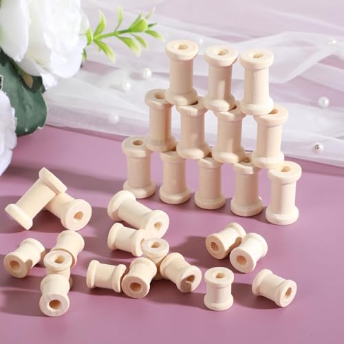 RAHHLIZS 30 Pcs Wooden Spools, Natural Wooden Spools for Crafts, Unfinished Empty Wood Bobbins for Sewing Embroidery Machines Organizing Cord Twine Ribbon Chains Elastic Threads