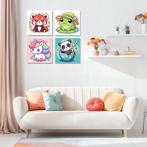 HOIYLDS Framed 4 Pack Paint by Number for Kids, Cute Animals Paint by Numbers for Kids Ages 8-12, Paint by Numbers Kits Children Beginner, DIY Acrylic Oil Painting for Home Wall Decor (8x8inch)