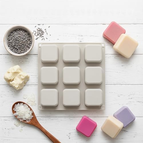 Hedume 4 Pack Silicone Soap Molds, 9 Cavities Square Soap Mold DIY Handmade Silicone Mold for Soap Making, Pudding, Muffin, Loaf, Brownie, Cornbread