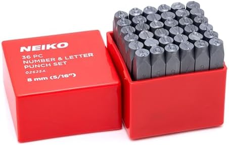 NEIKO 02625A Number and Letter Punch Set with Heat-Treated Steel Punches, Imprinting & Arts and Crafts, 5/16" (8MM) Shaft, 36 Pc Stamp Set, Uppercase Letter & Number Punch Set (A-Z / 0-8 / "&" Symbol)