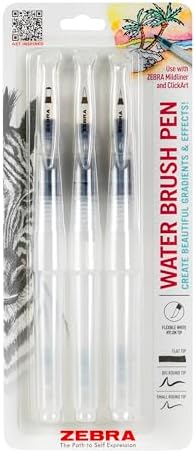 Zebra Pen Water Brush, Watercolor Flexible Nylon Brush Tip Pen, 0.6mm, 3-Pk
