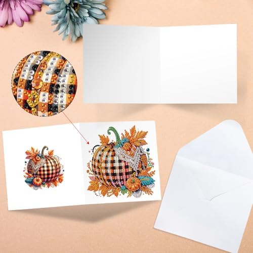 6-Pack Autumn Pumpkin Diamond Art Greeting Cards with Envelopes – DIY 5D Diamond Painting Kits for Adults, Creative Fall Thanksgiving Greeting Card Set, Rhinestone Craft Kits, Handmade Holiday Cards