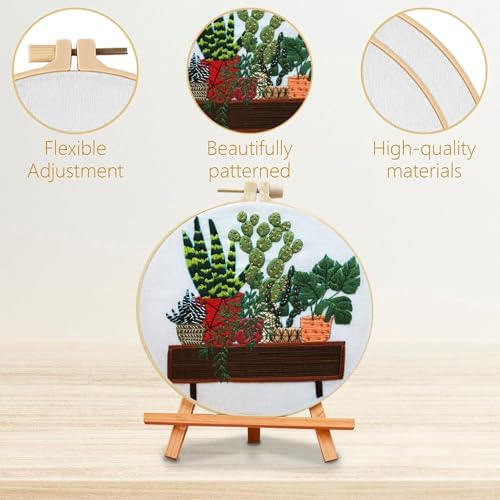 SCECALA 3 Pack Plant Embroidery Kit for Beginners - Green Plant Potted with Embroidery Pattern, Hoop, Complete Cross Stitch Supplies (Needle/Threads/Scissors) DIY Craft for Adults Sewing Hobby