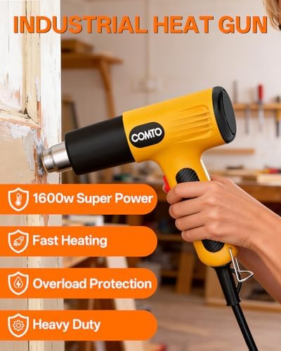 Heat Gun, 1600W Hot Air Gun with 2 Heat Settings, Yellow | 752°F/1112°F Dual Heat Control, 4 Metal Nozzles, Overheat Protection, PA66 Housing, 1.1lb Lightweight Design, Non-Slip Grip