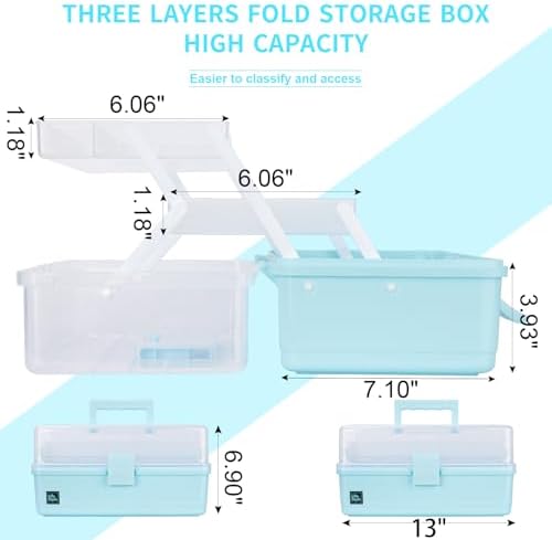 Creahaus 13 inch Art Craft Organizer Storage Box with 3 Layer, Multipurpose Plastic Tool Box with Handle for Sewing, Art Supply, Medicine, Nail, Hair Accessories (Blue)